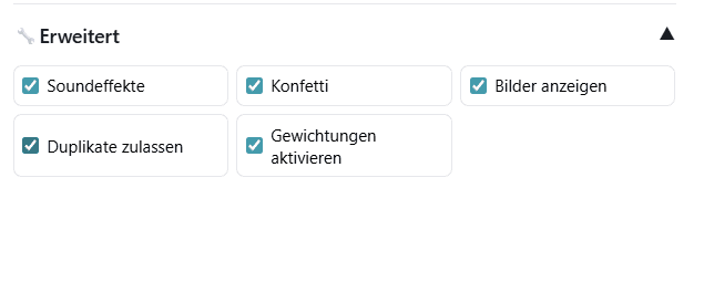 Screenshot der erweiterten Feature-Schalter mit Soundeffekten, Konfetti und Duplikat-Einstellungen