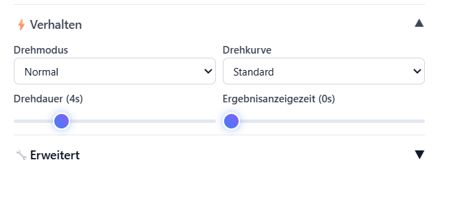 Screenshot der Verhaltens-Einstellungen mit Drehdauer, Animationskurven und Ergebnis-Anzeige
