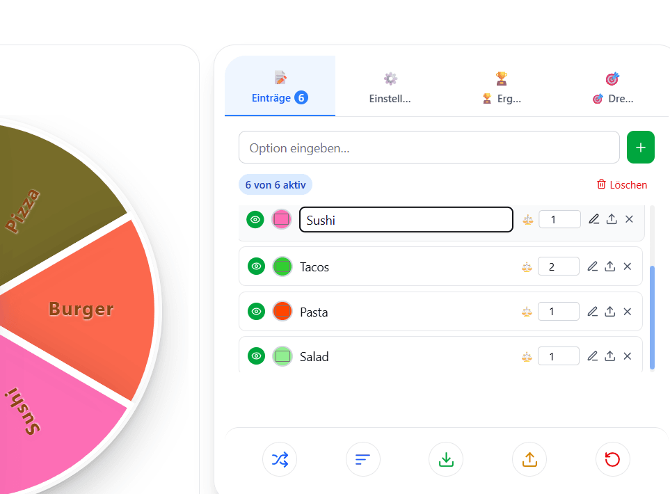 Screenshot der Einträge-Verwaltung mit Hinzufügen, Bearbeiten und Löschen von Rad-Einträgen