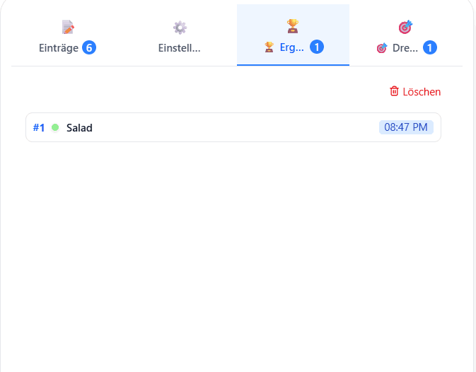 Screenshot des Drehverlaufs mit vergangenen Ergebnissen und detaillierter Spin-Ereignis-Verfolgung