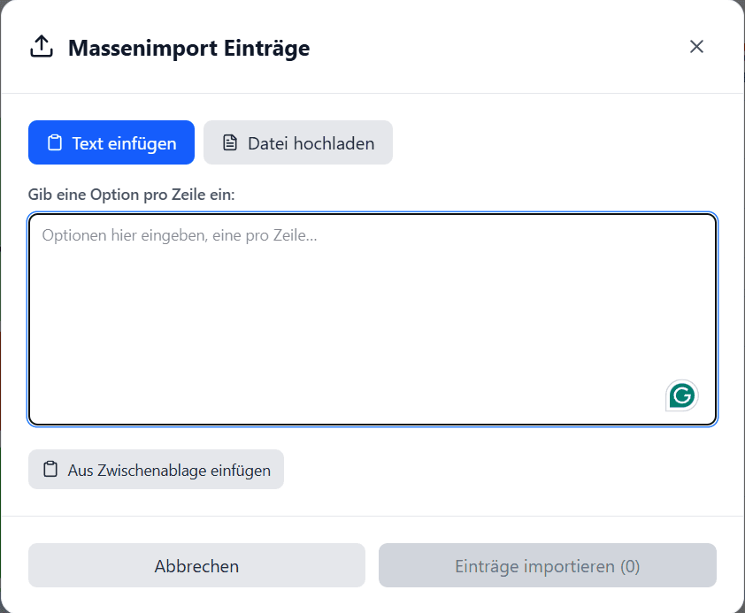 Screenshot der Massenimport-Funktion zum Hinzufügen mehrerer Einträge per Text oder Datei-Upload