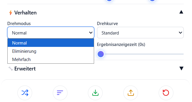 Screenshot der verschiedenen Drehmodi: Einzelmodus, Ausscheidungsmodus und Mehrfachdrehen