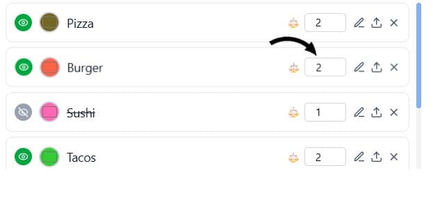 Screenshot der gewichteten Einträge mit Wahrscheinlichkeits-Einstellungen für verschiedene Rad-Segmente